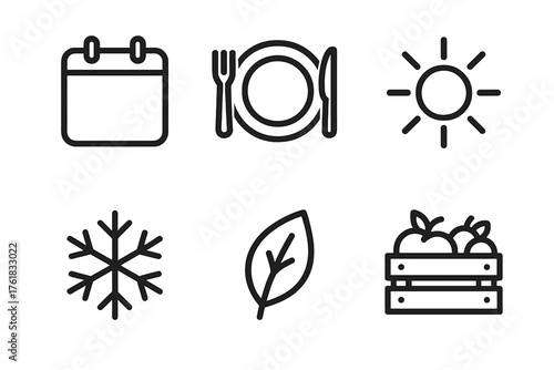 Seasonal Menus outline icon set: calendar icon, food plate, sun symbol, snowflake, leaf, harvest crate.