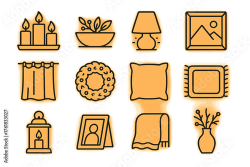 Warmth Indoors Decor — Minimal Duotone outline icon set: candle trio, table centerpiece, glowing lamp, wall art, curtain, wreath, cushion, rug, lantern, framed photo, soft throw,