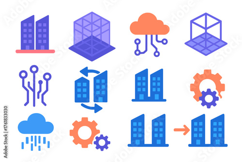 Digital Twins flat icons: twin buildings, holographic grid, circuit pattern, cloud connection, data stream, gear symbol, 3D model, link arrows. , , High resolution, sharp