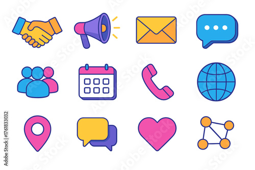 Outreach flat isometric set: handshake, megaphone, email, message bubble, people silhouettes, calendar, phone, globe, location pin, chat icon, heart, connection lines.