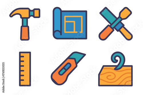 Craftsmanship flat icons: hammer icon, woodworking tools, blueprint, measuring ruler, craft knife, handmade detail. , , High resolution, sharp vector-like appearance, ideal for UI