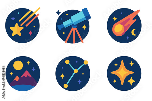 Meteor Shower flat icons: shooting star, telescope, night sky, mountain, moon, constellation, comet, sparkle.