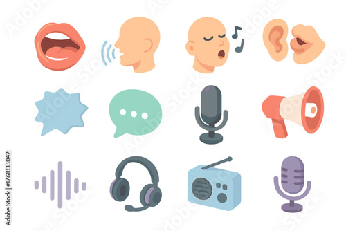 Human voice set icons in modern isometric flat vector style: open mouth, speaking head, singing face, whispering lips, shout bubble, dialogue bubble, microphone, megaphone,