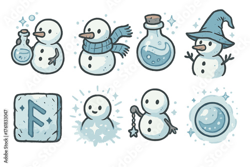 Magical Snowmen set of icons in doodle hand-drawn vector style: snow alchemist, spellbound scarf, icy potion, enchanted hat, frost rune, snowy glow, winter charm, frozen orb.