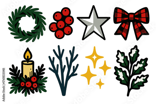 Wreath Decorations silhouette set: evergreen ring, cranberry cluster, silver star, tartan bow, candle centerpiece, icy twigs, glitter accents, snowy foliage.