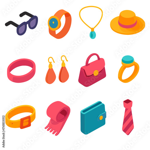 Accessories flat isometric set: sunglasses, watch, necklace, hat, bracelet, earrings, handbag, ring, belt, scarf, wallet, tie.