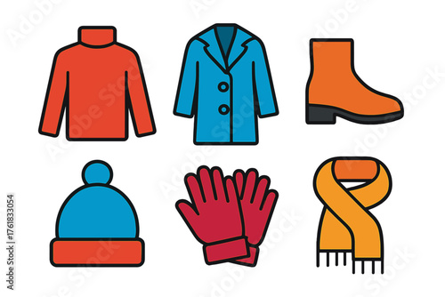 Winter Style flat icons: turtleneck, overcoat, ankle boots, wool hat, gloves, scarf.