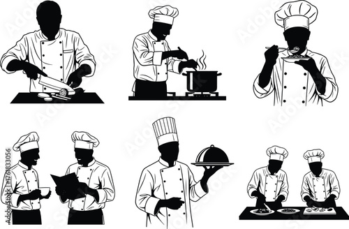 Professional chefs cooking, slicing vegetables, tasting food, plating dishes, kitchen teamwork, culinary preparation, silhouette artwork, cad drawing flat vector illustration