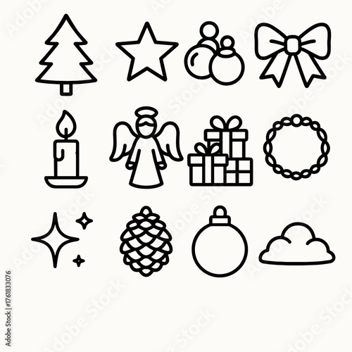 Holiday Trees outline icon set: evergreen tree, golden star, bauble cluster, festive bow, candle light, angel topper, present pile, garland loop, glitter spark, pine cone, red