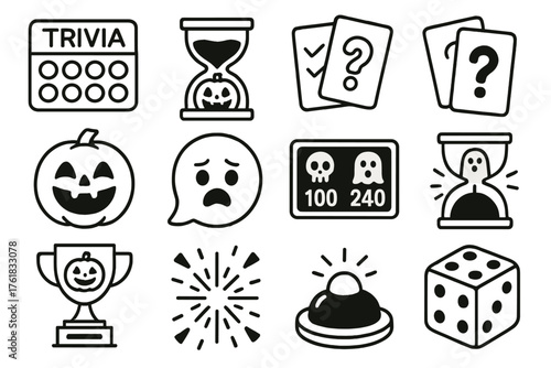 Halloween Quiz Game Night — Playful Flat Vector outline icon set: trivia board, timer hourglass, score sheet, answer cards, dice, trophy, confetti burst, buzzer button, laughing