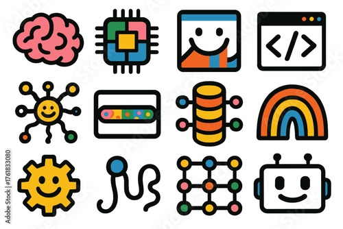 Whimsical ML Training silhouette set: cartoon brain, colorful chip, smiling graph, doodle code window, happy neuron web, confetti progress bar, playful data icon, rainbow curve,