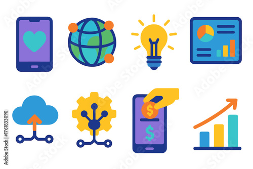 Social Impact Tech flat icons: smartphone app, globe network, lightbulb idea, data dashboard, cloud connection, AI gear, mobile donation, progress chart.