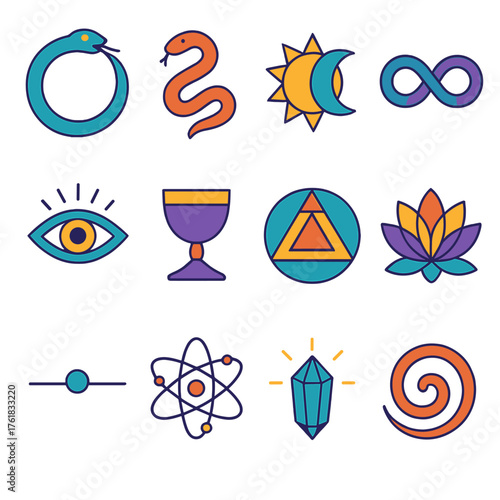 Philosophical Alchemy Symbols flat icons: ouroboros, serpent, sun and moon, infinity loop, eye of wisdom, chalice, triangle circle square, lotus, balance line, atom symbol, crystal