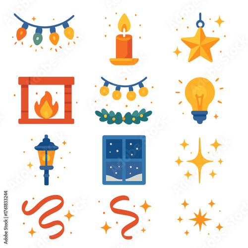 Holiday Lights flat icons: twinkling lights, candle glow, lantern chain, star ornament, fireplace shimmer, garland reflection, snowy window, glowing bulb, streetlight, ribbon twirl