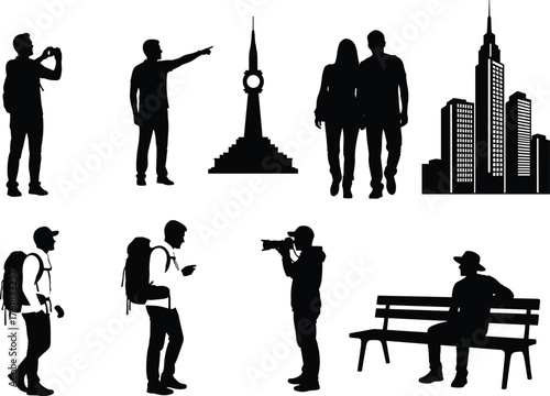 Urban travel exploration, city photography, monument visit, couple walking, backpack journey, lifestyle silhouette set, cad drawing flat vector illustration