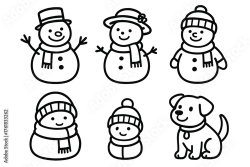 Winter Snow Family outline icon set: classic snowman, smiling snowwoman, bundled snowchild, snow teen, pet snowdog, tiny snowbaby.