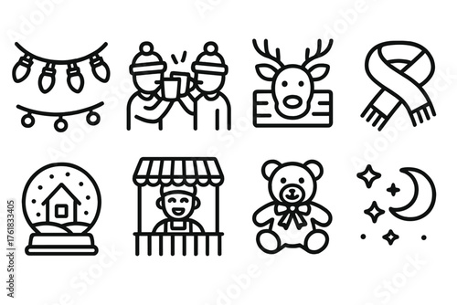 Festive Market Joy — vibrant flat icons outline icon set: glowing lights, friends clinking cups, reindeer décor, cozy scarf, snow globe, cheerful vendor, handmade toy, starry night