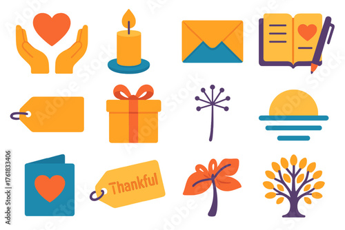 Thanksgiving Gratitude flat icons: open hands, heart, candle, letter, journal, pen, folded note, thankful tag, gift box, dandelion seed, sunrise, tree of life. , , High resolution,