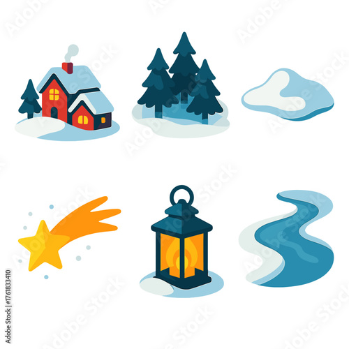 Winter Peace flat isometric set: quiet village, misty woods, snow drift, glowing lantern, falling star, still river.
