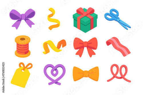 Festive Ribbons Classic — Bright Flat Icons flat isometric set: satin bow, curled ribbon, wrapped gift, scissors, spool of thread, golden ribbon, red bow, striped ribbon, tag with