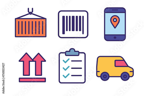 Cargo Tracking flat icons: container box, barcode icon, mobile app, shipment arrows, clipboard checklist, delivery van.