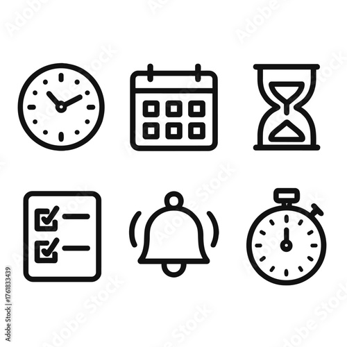 Time Management outline icon set: wall clock, calendar, hourglass, checklist, alarm bell, stopwatch.