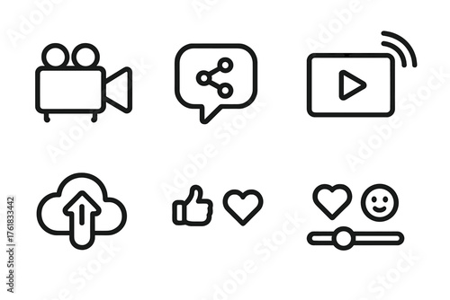 Media Sharing Graphics outline icon set: video camera, share bubble, streaming window, clip upload, reaction icons, engagement bar.