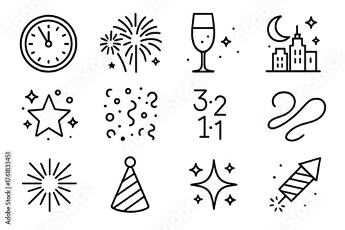 New Year Midnight outline icon set: clock at twelve, fireworks, champagne glass, city skyline, moon, stars, confetti, countdown numbers, ribbon, sparkles, celebration burst, party