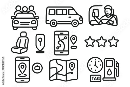 Ride Sharing outline icon set: carpool icon, shared van, driver app, passenger seat, GPS route, rating stars, phone interface, pickup pin, vehicle tag, clock icon, fuel symbol,
