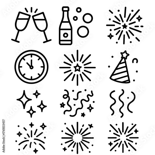New Year Champagne Toast outline icon set: clinking glasses, champagne bottle, bubbles, confetti, fireworks, ribbon, sparkles, star, party hat, clock at midnight, celebration burst