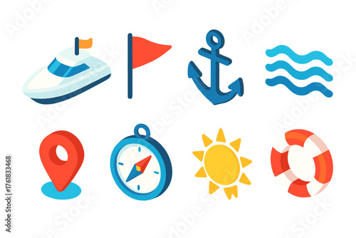 Yacht Charters flat isometric set: yacht, flag, anchor, wave, map pin, compass, sun, lifebuoy.