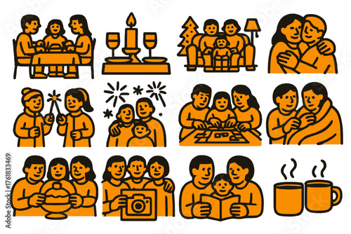 New Year Moments Family — Warm Line Art silhouette set: family dinner, candlelit table, cozy living room, hugging relatives, watching fireworks, kids with sparklers, board game