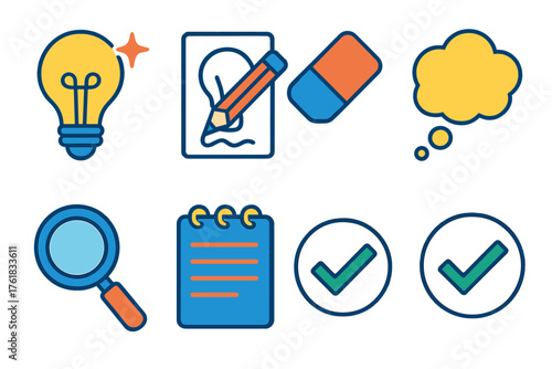 Idea refinement flat icons: lightbulb with spark, pencil sketch, eraser, draft paper, thought bubble, magnifying glass, notepad, checkmark.