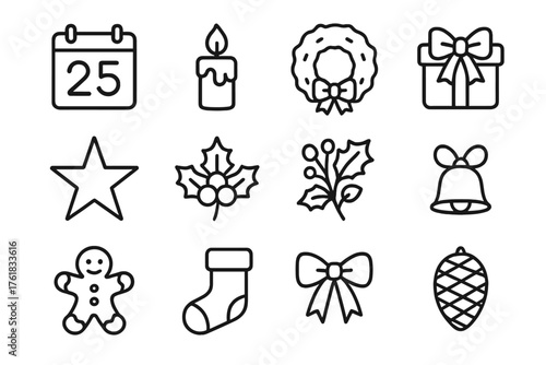 Advent Countdown to Christmas outline icon set: numbered calendar, candle flame, wreath, star, holly branch, gift box, snowflake, bell, ribbon bow, cookie, stocking, pinecone. , ,