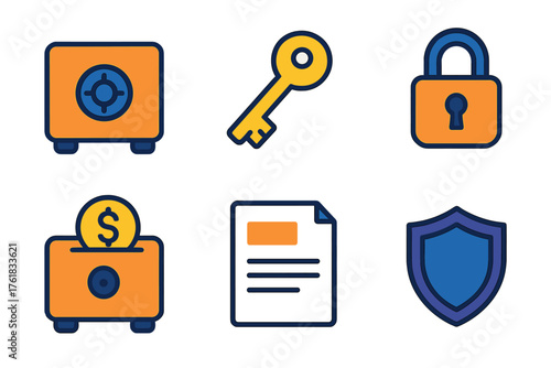 Physical lockbox flat icons: box, key, padlock, coin, document, shield.