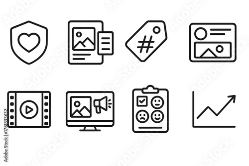 Brand Social Campaigns outline icon set: logo badge icon, storytelling post series, brand hashtag tag, user-generated content card, campaign highlight reel, creative media ad,