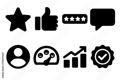 User Ratings silhouette set: star icons, thumbs up, rating bar, comment bubble, user avatar, satisfaction meter, feedback chart, verified badge.