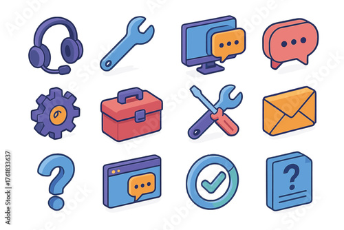 Technical Support Tools flat isometric set: headset, wrench, computer screen, chat bubble, gear, toolbox, repair icon, email envelope, question mark, live chat window, progress
