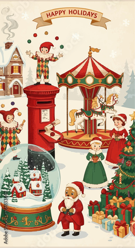 Whimsical Vintage Christmas Illustration with Carousel Horse, Festive Characters, Snow Globe, and Retro Holiday Elements Christmas, vintage, whimsical, holiday, festive, retro, illustration, art, 