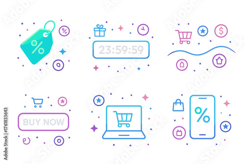 Cyber Monday Website Banners flat icons: modern layout, neon discount tag, countdown timer, floating icons, digital glow, buy now button. , , High resolution, sharp vector-like