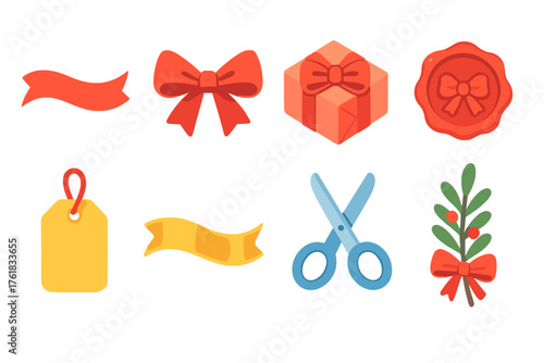 Ribbon Ties flat isometric set: silk ribbon, tied bow, decorative wrap, wax seal, tag label, golden trim, scissors, festive sprig.