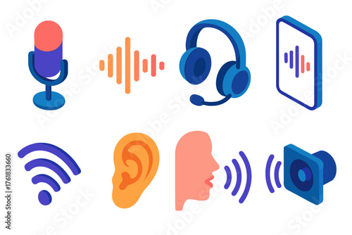 Hands-Free flat isometric set: microphone, wave, headset, smartphone, signal, ear, voice icon, sound lines.