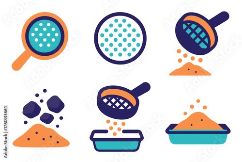 Material filtering flat icons: sieve, mesh screen, sand, stone, container, tray.