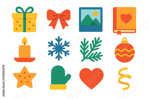 Wrapped Memories flat icons: wrapped present, bow, photo, memory book, candle, snowflake, pine sprig, ornament, cookie, mitten, heart, ribbon curl.