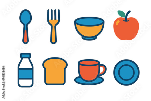 Feeding flat icons: spoon, fork, bowl, plate, apple, milk bottle, bread, cup.