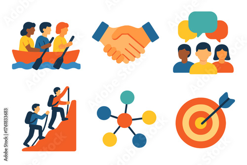 Group Effort flat icons: people rowing boat, handshake, group chat bubbles, climbing team, connected dots, shared goal target.