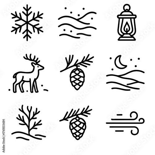 Snow Drifts — Nature’s beauty outline icon set: snowflake, drifting powder, frozen branch, deer in snow, pinecone, lantern light, moonlit snow, gentle breeze.