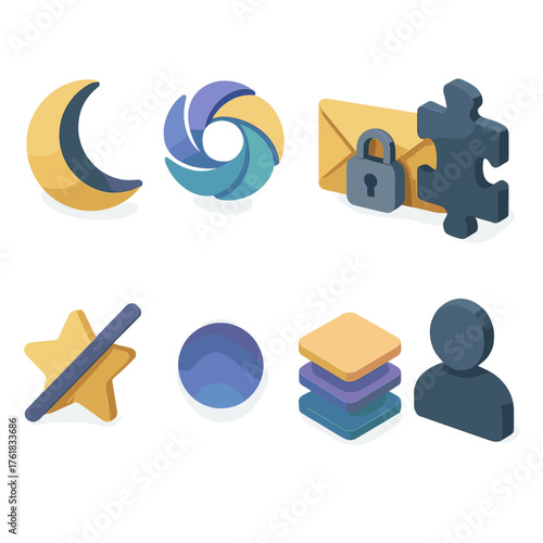 Creative Privacy Mode set icons in modern isometric flat vector style: moon, abstract swirl, secret envelope, puzzle piece, hidden star, aura glow, layered shapes, shadow figure.