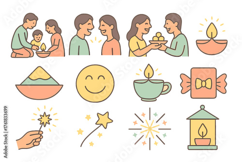 Diwali Lights Joy — Soft Pastel Icons flat icons: family lighting diyas, laughter, sweets sharing, candlelight glow, colorful powder, smile symbol, glowing cup, wrapped treat, hand