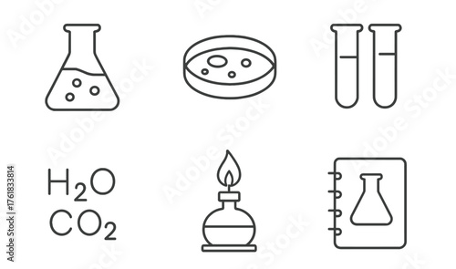 Science tools and symbols used in laboratory experiments for chemistry and biology studies in education
